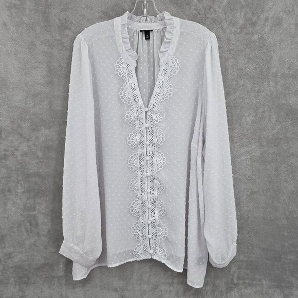 Torrid Chiffon Clip Dot Ruffle Neck Top 3 White Semi Sheer Lace Buttons Coquette - Picture 1 of 12